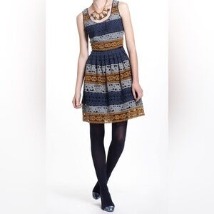 Anthropologie Navy, Gray & Mustard Crochet Stripe Fit-and-Flare Dress